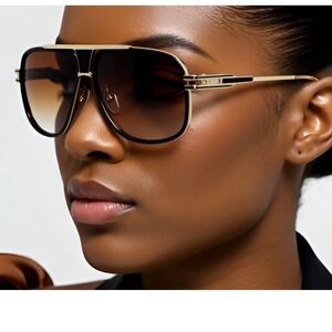 Sunglasses Gold Frame Brown Lens Women  Driving Trendy Modern Bold Luxury Outfit